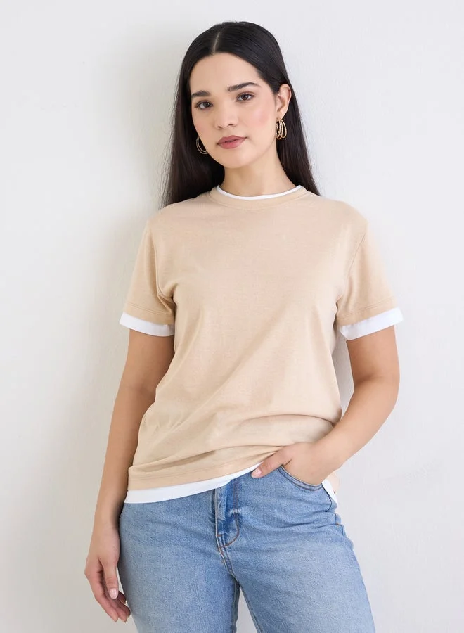 Styli Styli Beige Regular Fit Cotton Ringer T-Shirt